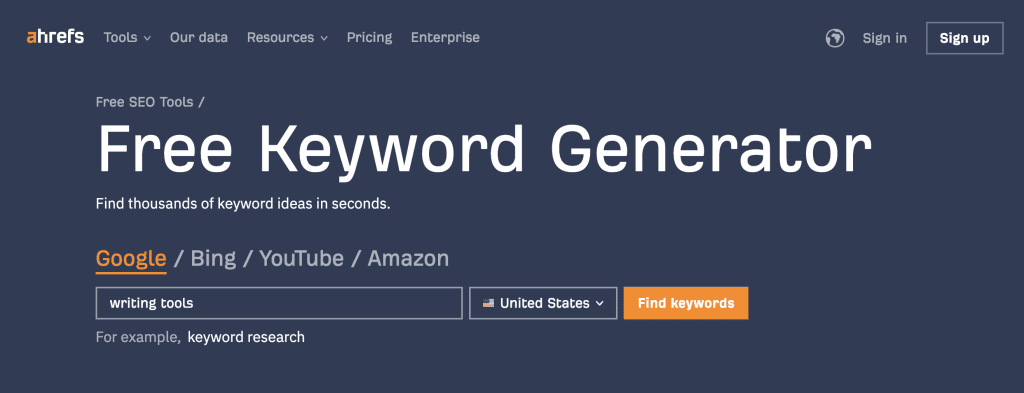 ahrefs keyword generator writing tools
